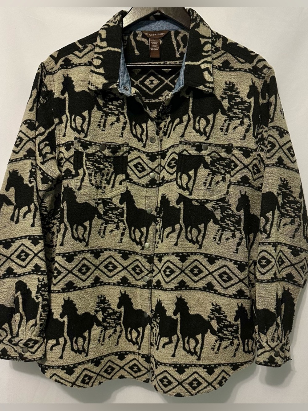 Bit & Bridle Black Tan Horse Western Women Large Shirt Jacket SW Tapestry Snap